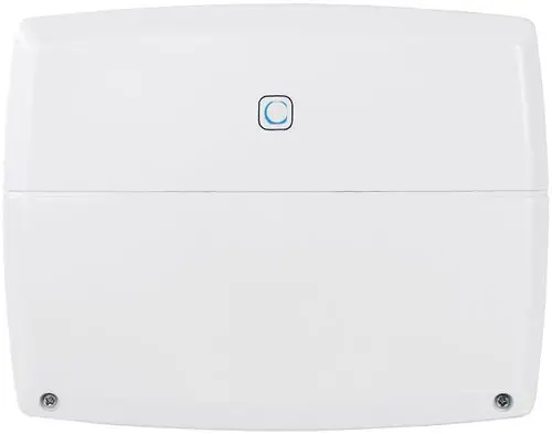 Weißes Gehäuse mit einer blauen Taste, vermutlich für die Verbindung von Daikin-Systemen. Befestigungsschrauben an der Unterseite sichtbar.